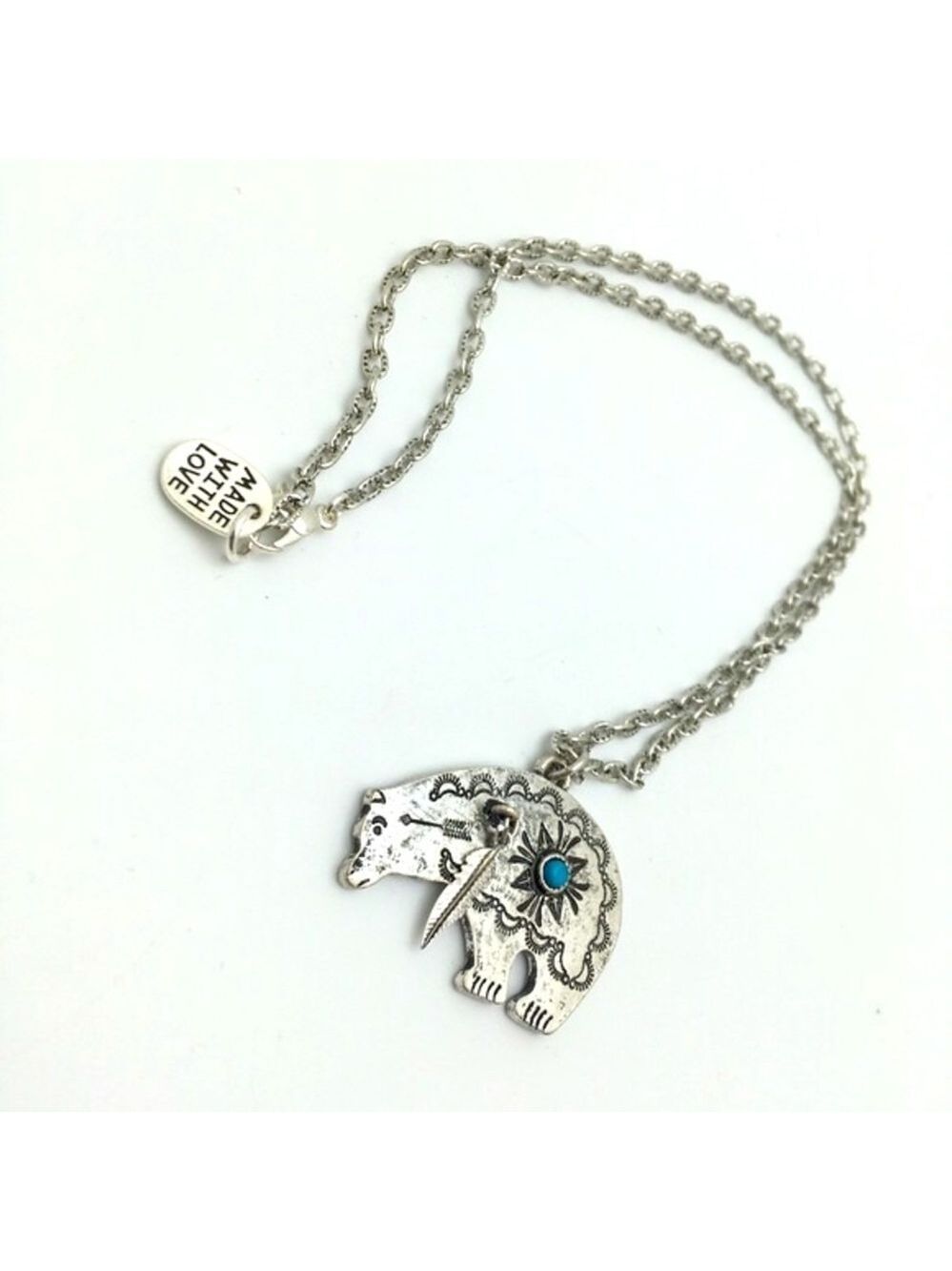 Antiqued Silver Bear Pendant Turquoise Accent Necklace - Picture 4 of 9